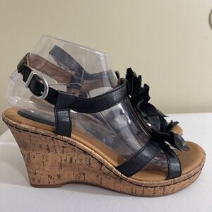 Born Womens Sandals 8‎ Black Leather Wedge Heel Big Flower T-Strap Strappy Shoes